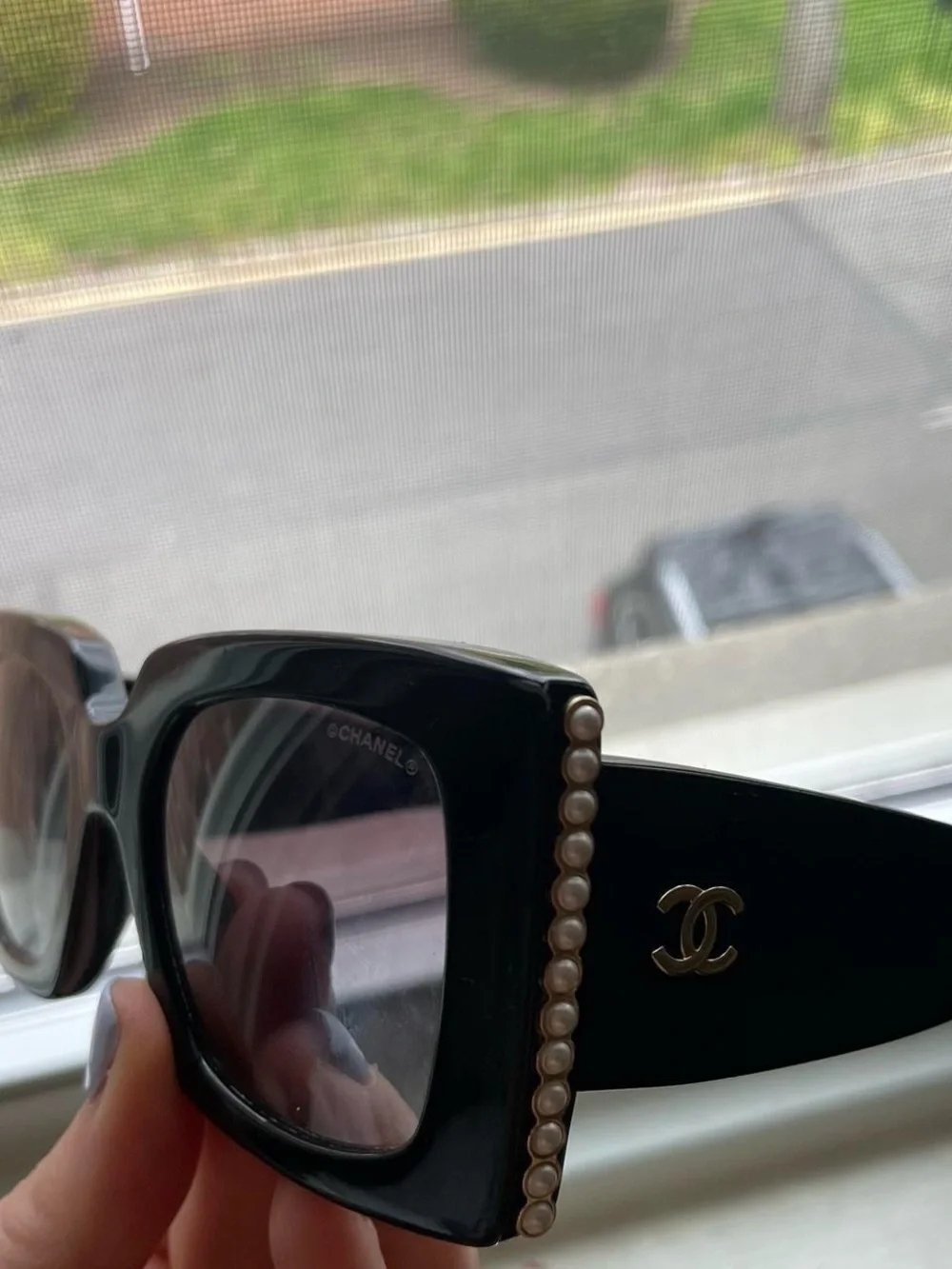 CHANEL Black Square Sunglasses with Pearl Trim and Gold CC Logo